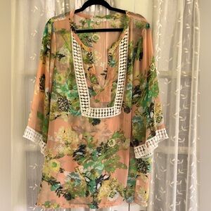 Danielrainn, peachy floral, long sleeve, lace, chiffon blouse 2x